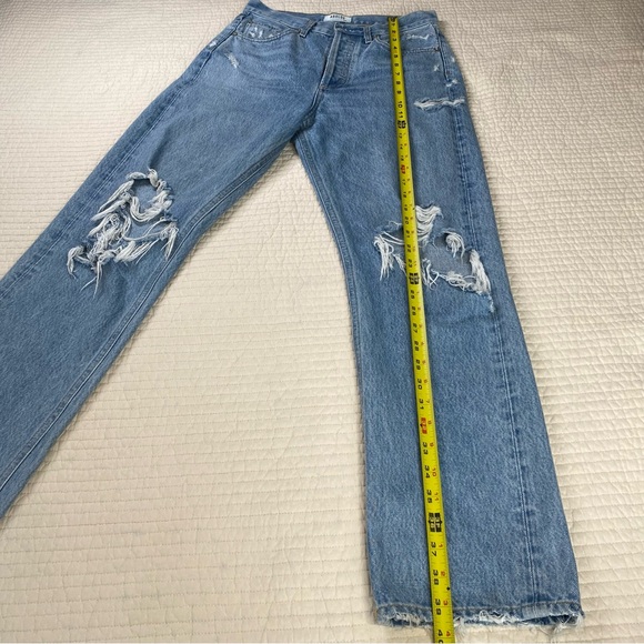Agolde Blue Wash 90’s Mid Rise Distressed Straight Leg Jeans Size 24 - Picture 11 of 15